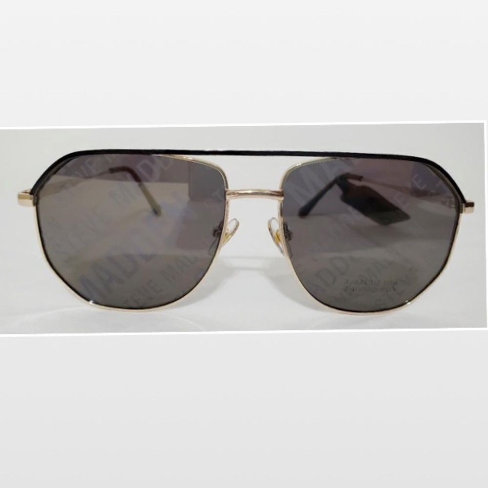 New Steve Madden Sunglasses Logo Printed Mirrored Aviators Black Gold NWT - Picture 4 of 16